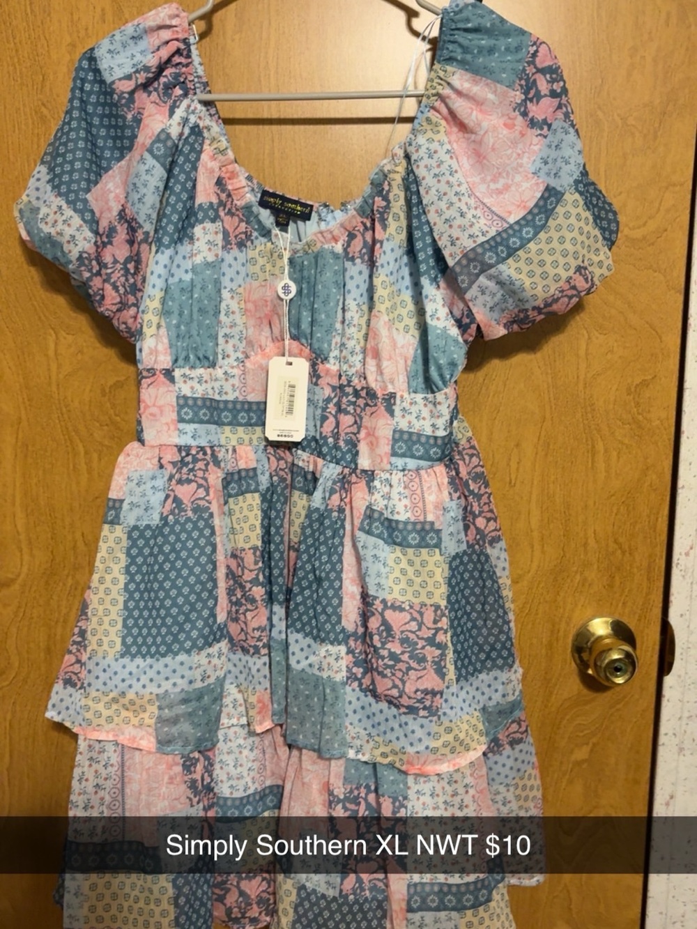 Simply Southern Patchwork Puff-Sleeve Dress in Blue, Pink & Cream